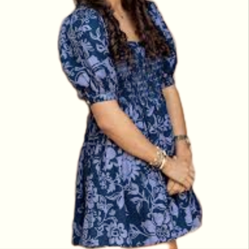 Free People Delilah blue floral puff sleeve smocked backless Mini Dress M NWT